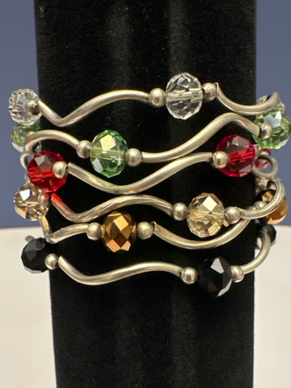 Stackable Stretch Bracelet Set 6 Piece Beaded Crystal Mix Silver Tone